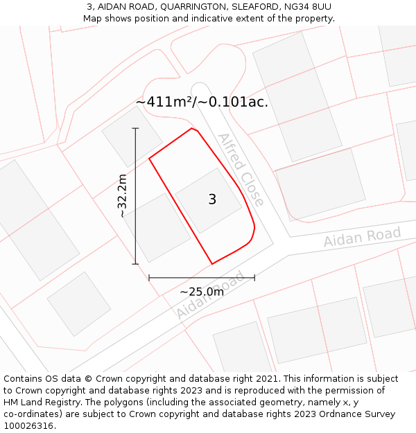 3, AIDAN ROAD, QUARRINGTON, SLEAFORD, NG34 8UU: Plot and title map
