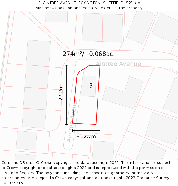 3, AINTREE AVENUE, ECKINGTON, SHEFFIELD, S21 4JA: Plot and title map