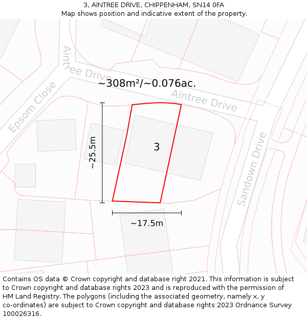 3, AINTREE DRIVE, CHIPPENHAM, SN14 0FA: Plot and title map