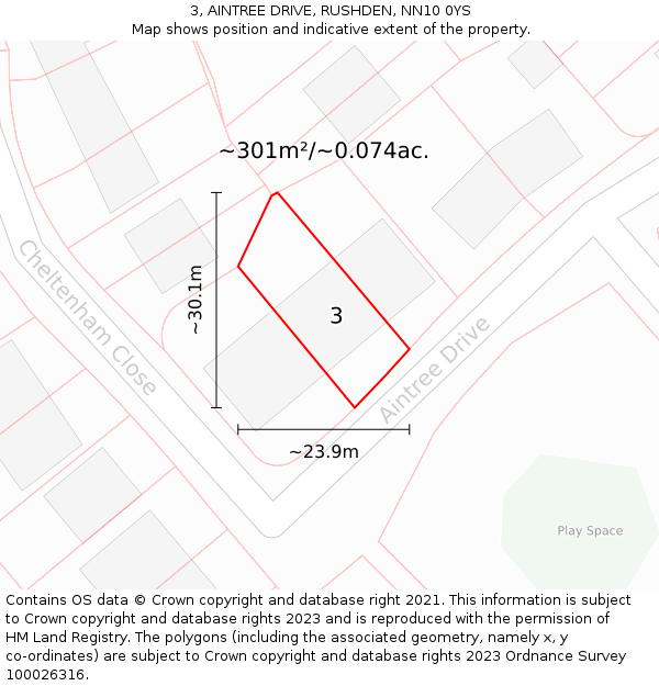 3, AINTREE DRIVE, RUSHDEN, NN10 0YS: Plot and title map