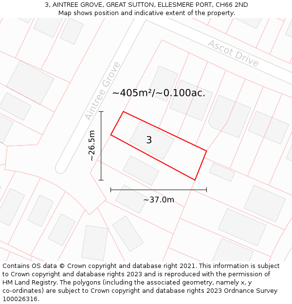 3, AINTREE GROVE, GREAT SUTTON, ELLESMERE PORT, CH66 2ND: Plot and title map