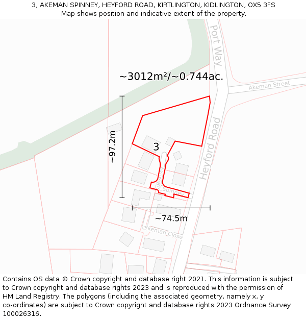 3, AKEMAN SPINNEY, HEYFORD ROAD, KIRTLINGTON, KIDLINGTON, OX5 3FS: Plot and title map