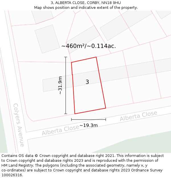 3, ALBERTA CLOSE, CORBY, NN18 9HU: Plot and title map
