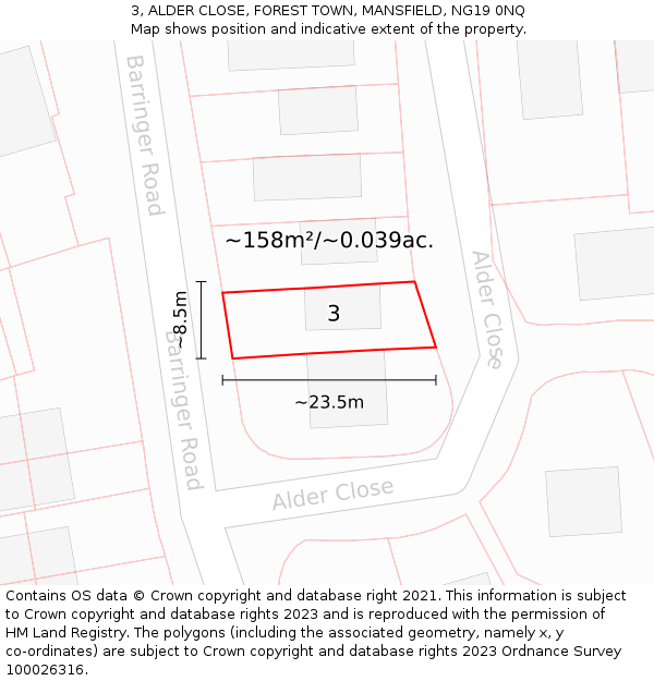 3, ALDER CLOSE, FOREST TOWN, MANSFIELD, NG19 0NQ: Plot and title map