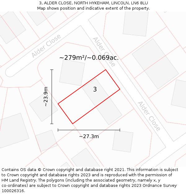 3, ALDER CLOSE, NORTH HYKEHAM, LINCOLN, LN6 8LU: Plot and title map