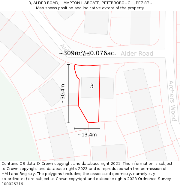 3, ALDER ROAD, HAMPTON HARGATE, PETERBOROUGH, PE7 8BU: Plot and title map