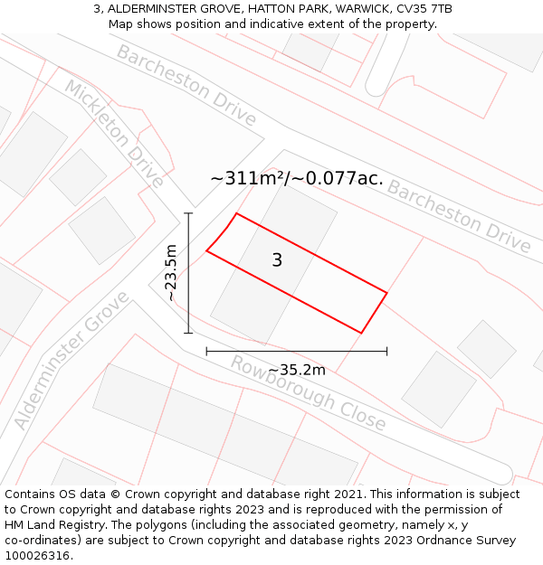 3, ALDERMINSTER GROVE, HATTON PARK, WARWICK, CV35 7TB: Plot and title map