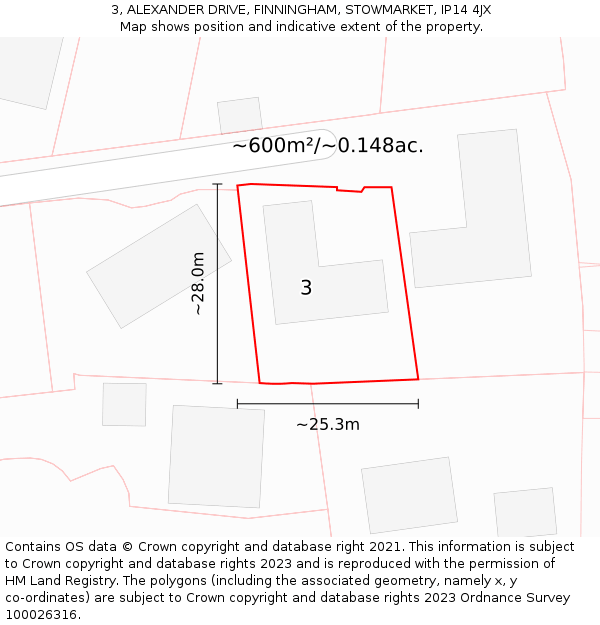 3, ALEXANDER DRIVE, FINNINGHAM, STOWMARKET, IP14 4JX: Plot and title map