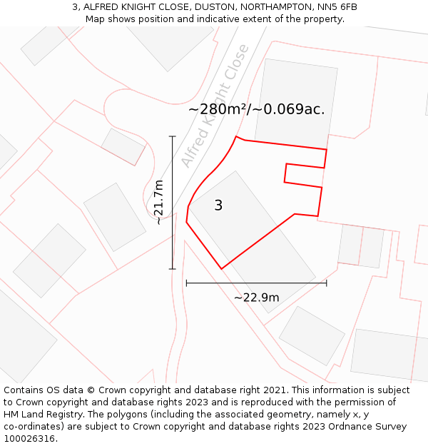 3, ALFRED KNIGHT CLOSE, DUSTON, NORTHAMPTON, NN5 6FB: Plot and title map