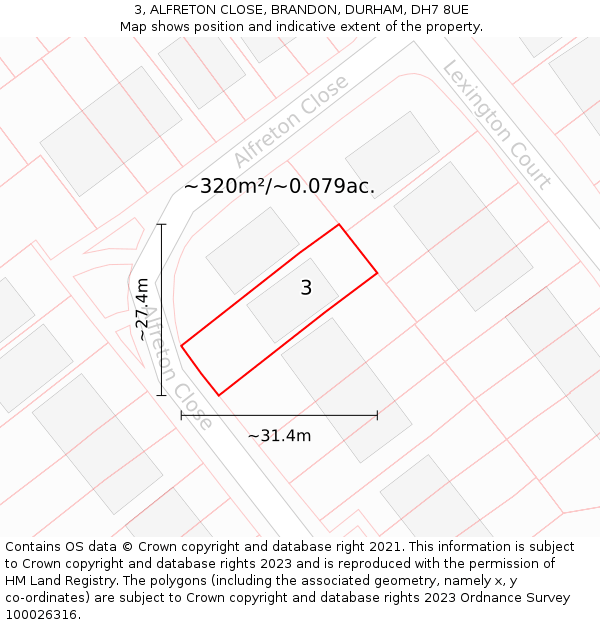 3, ALFRETON CLOSE, BRANDON, DURHAM, DH7 8UE: Plot and title map