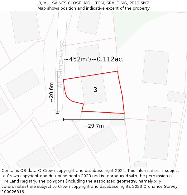 3, ALL SAINTS CLOSE, MOULTON, SPALDING, PE12 6NZ: Plot and title map