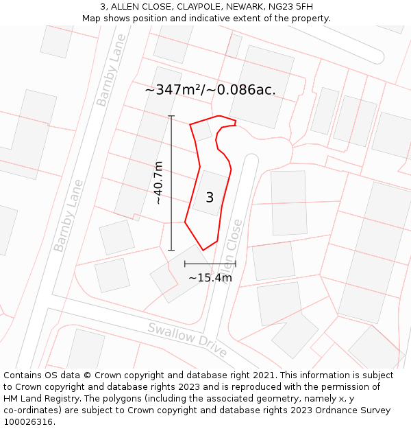 3, ALLEN CLOSE, CLAYPOLE, NEWARK, NG23 5FH: Plot and title map