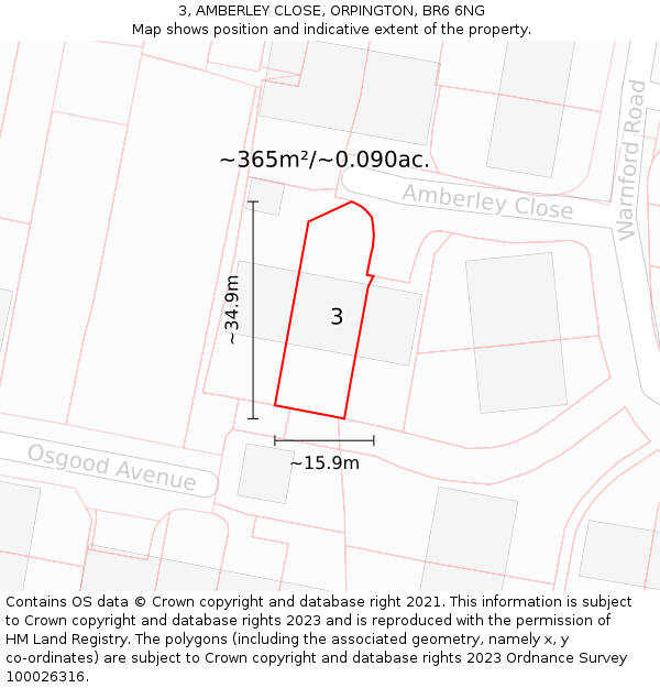 3, AMBERLEY CLOSE, ORPINGTON, BR6 6NG: Plot and title map