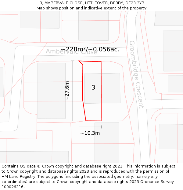 3, AMBERVALE CLOSE, LITTLEOVER, DERBY, DE23 3YB: Plot and title map