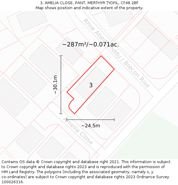 3, AMELIA CLOSE, PANT, MERTHYR TYDFIL, CF48 2BF: Plot and title map