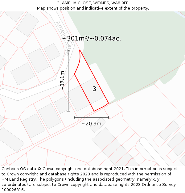 3, AMELIA CLOSE, WIDNES, WA8 9FR: Plot and title map