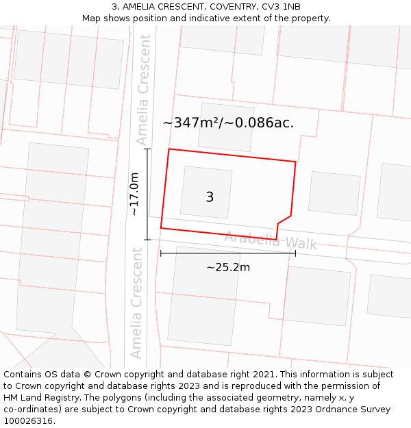3, AMELIA CRESCENT, COVENTRY, CV3 1NB: Plot and title map