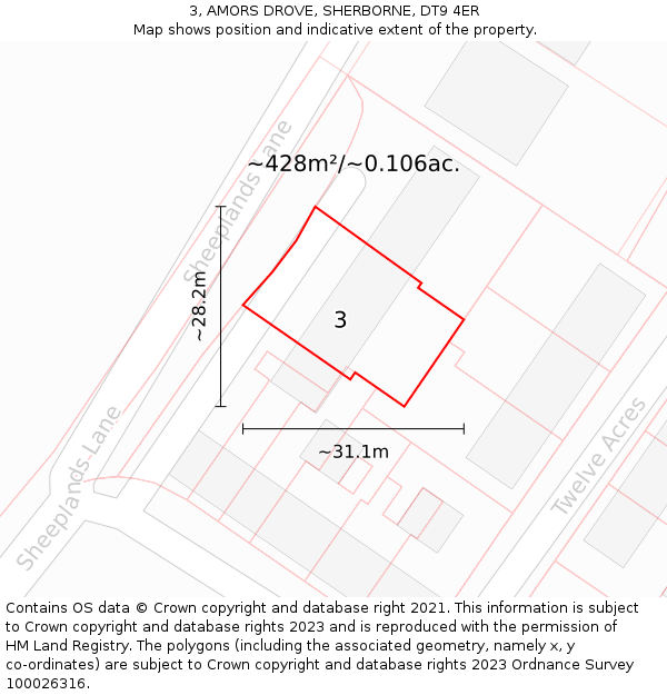 3, AMORS DROVE, SHERBORNE, DT9 4ER: Plot and title map