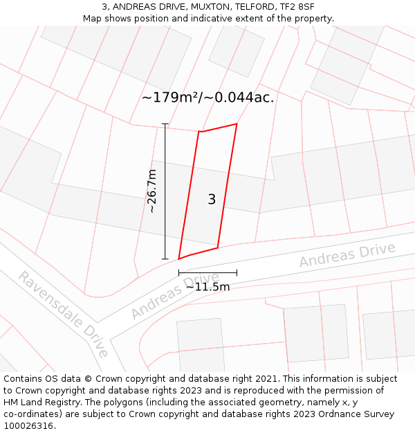 3, ANDREAS DRIVE, MUXTON, TELFORD, TF2 8SF: Plot and title map