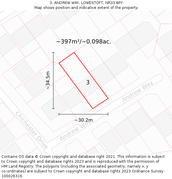 3, ANDREW WAY, LOWESTOFT, NR33 8PY: Plot and title map