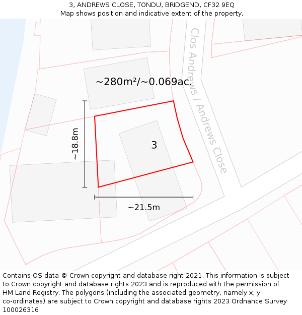 3, ANDREWS CLOSE, TONDU, BRIDGEND, CF32 9EQ: Plot and title map