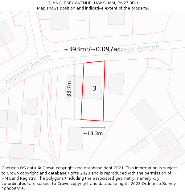 3, ANGLESEY AVENUE, HAILSHAM, BN27 3BH: Plot and title map