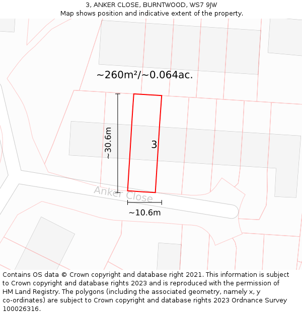 3, ANKER CLOSE, BURNTWOOD, WS7 9JW: Plot and title map