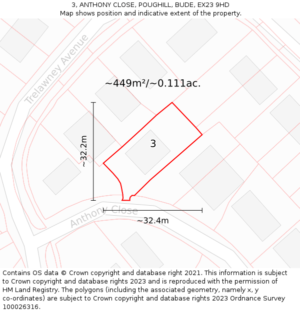 3, ANTHONY CLOSE, POUGHILL, BUDE, EX23 9HD: Plot and title map