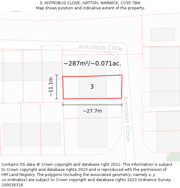 3, ANTROBUS CLOSE, HATTON, WARWICK, CV35 7BW: Plot and title map