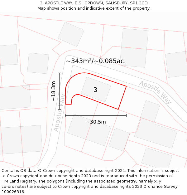 3, APOSTLE WAY, BISHOPDOWN, SALISBURY, SP1 3GD: Plot and title map