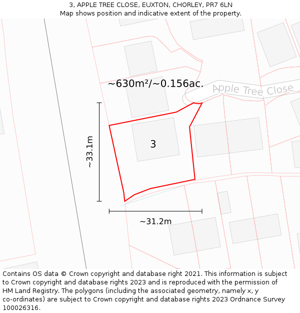 3, APPLE TREE CLOSE, EUXTON, CHORLEY, PR7 6LN: Plot and title map