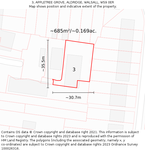 3, APPLETREE GROVE, ALDRIDGE, WALSALL, WS9 0ER: Plot and title map