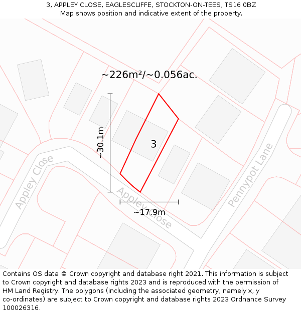 3, APPLEY CLOSE, EAGLESCLIFFE, STOCKTON-ON-TEES, TS16 0BZ: Plot and title map