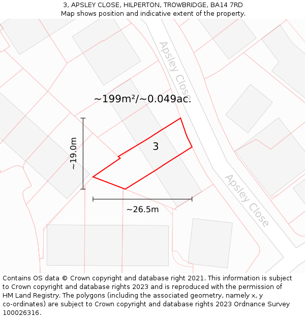 3, APSLEY CLOSE, HILPERTON, TROWBRIDGE, BA14 7RD: Plot and title map