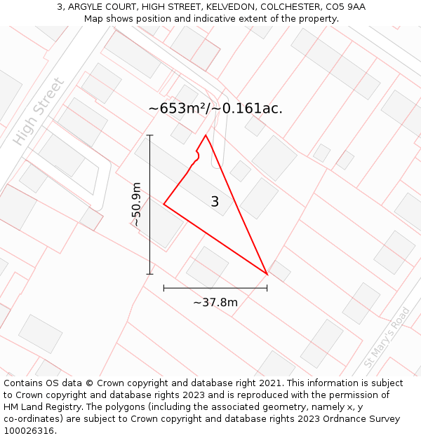 3, ARGYLE COURT, HIGH STREET, KELVEDON, COLCHESTER, CO5 9AA: Plot and title map