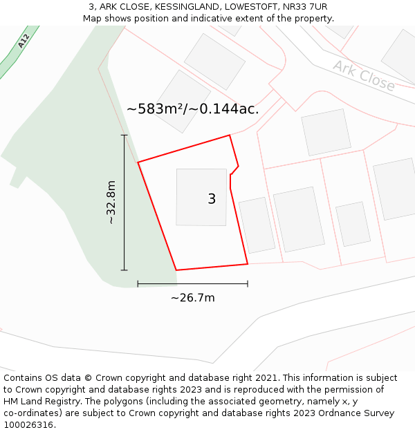 3, ARK CLOSE, KESSINGLAND, LOWESTOFT, NR33 7UR: Plot and title map