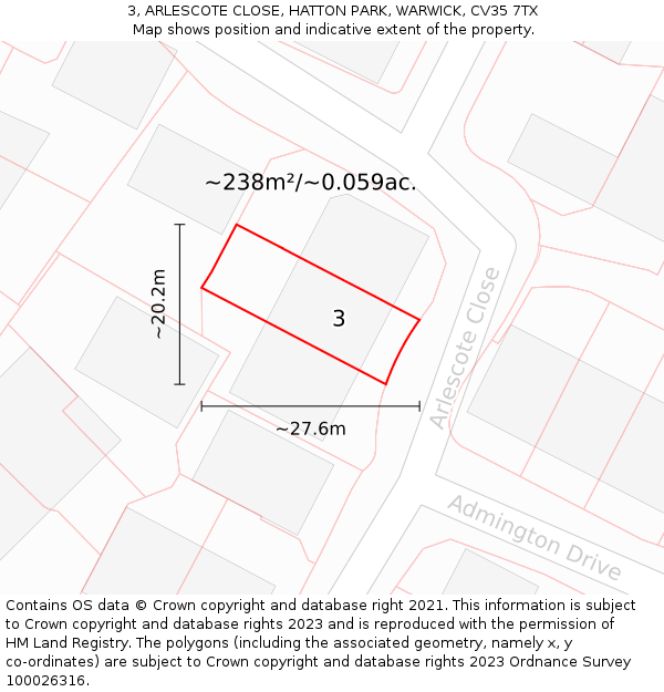 3, ARLESCOTE CLOSE, HATTON PARK, WARWICK, CV35 7TX: Plot and title map