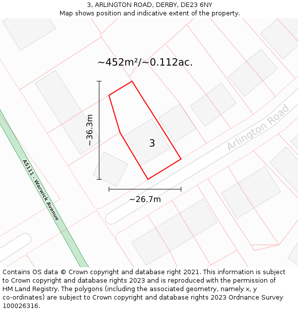 3, ARLINGTON ROAD, DERBY, DE23 6NY: Plot and title map