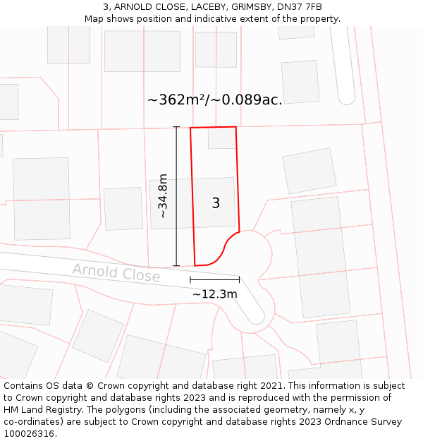 3, ARNOLD CLOSE, LACEBY, GRIMSBY, DN37 7FB: Plot and title map