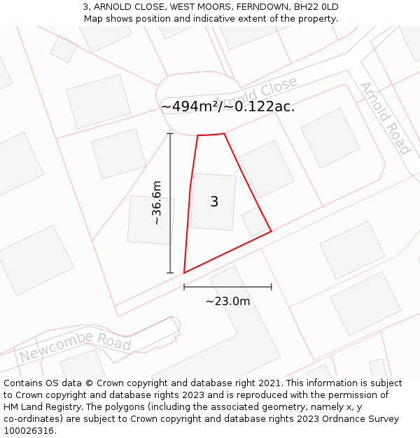 3, ARNOLD CLOSE, WEST MOORS, FERNDOWN, BH22 0LD: Plot and title map