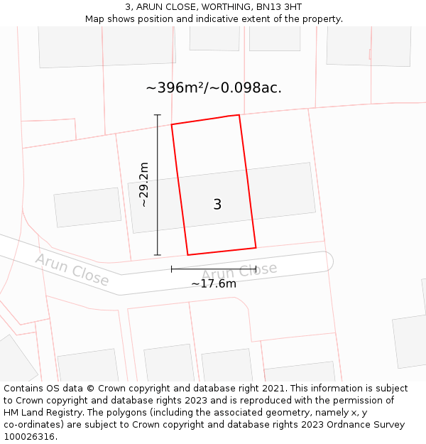 3, ARUN CLOSE, WORTHING, BN13 3HT: Plot and title map