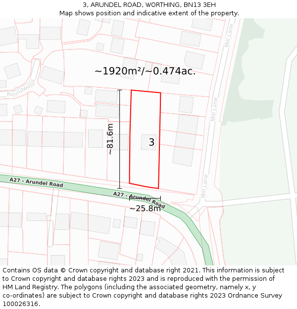 3, ARUNDEL ROAD, WORTHING, BN13 3EH: Plot and title map