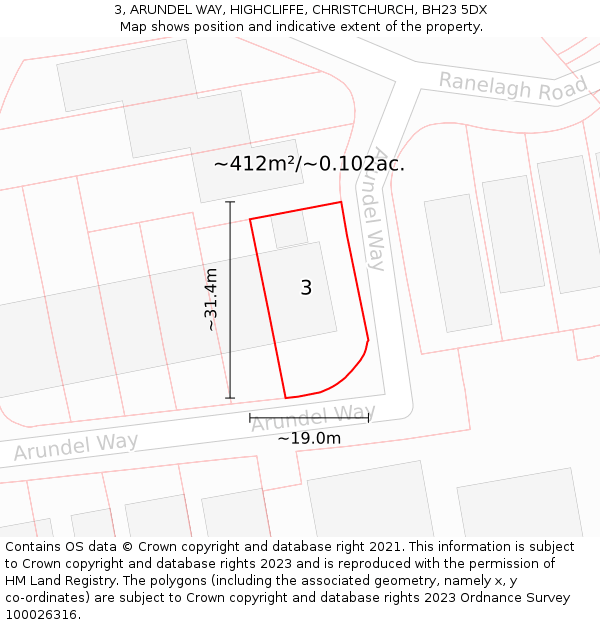 3, ARUNDEL WAY, HIGHCLIFFE, CHRISTCHURCH, BH23 5DX: Plot and title map