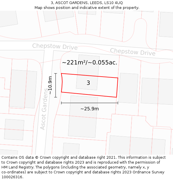 3, ASCOT GARDENS, LEEDS, LS10 4UQ: Plot and title map