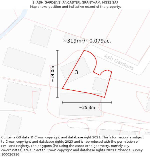 3, ASH GARDENS, ANCASTER, GRANTHAM, NG32 3AF: Plot and title map