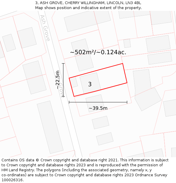 3, ASH GROVE, CHERRY WILLINGHAM, LINCOLN, LN3 4BL: Plot and title map