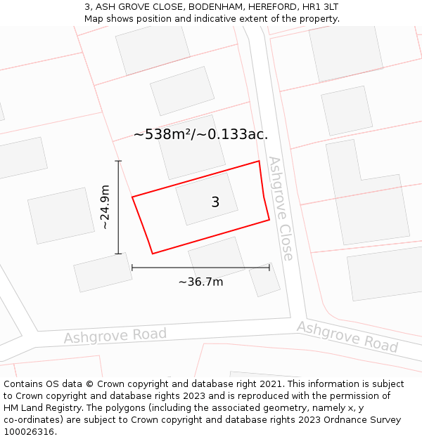 3, ASH GROVE CLOSE, BODENHAM, HEREFORD, HR1 3LT: Plot and title map