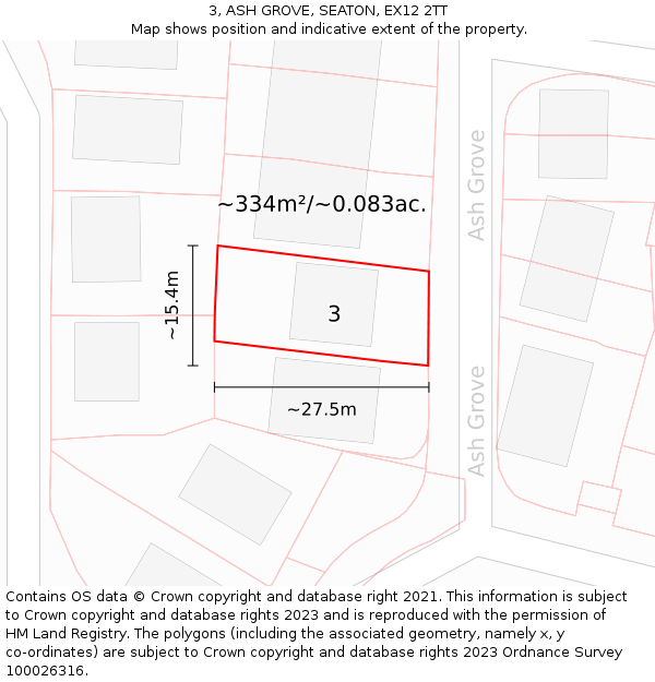 3, ASH GROVE, SEATON, EX12 2TT: Plot and title map