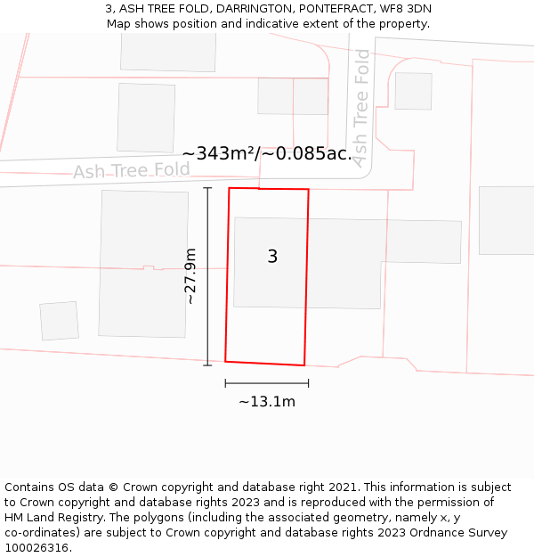 3, ASH TREE FOLD, DARRINGTON, PONTEFRACT, WF8 3DN: Plot and title map