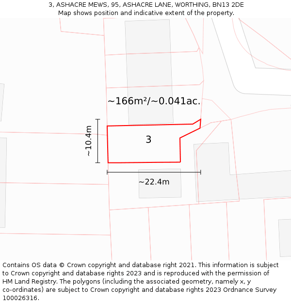 3, ASHACRE MEWS, 95, ASHACRE LANE, WORTHING, BN13 2DE: Plot and title map